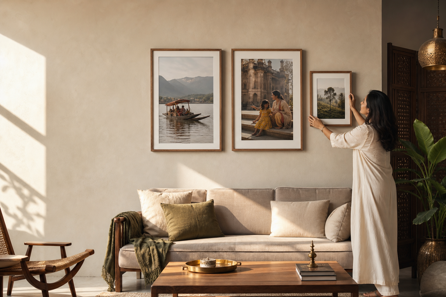 Three personal photographs displayed as a warm gallery wall in an Indian home